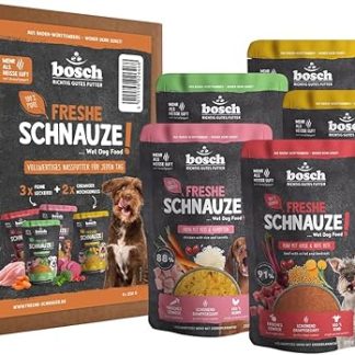 Bosch Freshe Schnout, Action Pack Wet Food 5 x 250 g, Gentle Steam-Cooked Complete Food for Dogs, Flavours: Beef, Chicken and Turkey, Tasting Pack, Wet Food for Dogs