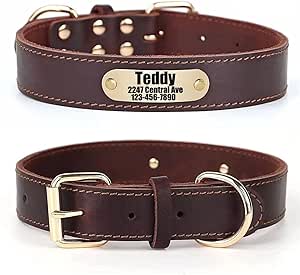 Personalised Premium Leather Dog Collar with Engraved Name Plate, Soft Feel, Durable Genuine Leather, Adjustable, Perfect for Small, Medium, Large Dogs, Customisable