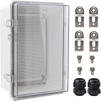 YETLEBOX Waterproof Electrical Box with Mounting Plate, 280 x 190 x 130 mm, IP67 Junction Box, Stainless Steel Latch, Hinged, Transparent Project Housing with Wall Mount and 2 Nozzles, 28.2 x 19.1 x 13 cm