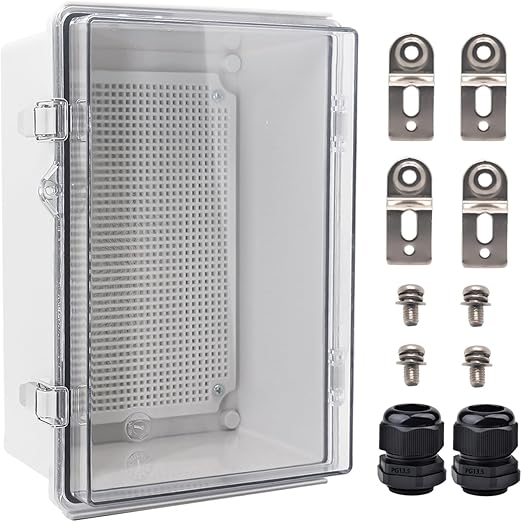 YETLEBOX Waterproof Electrical Box with Mounting Plate, 280 x 190 x 130 mm, IP67 Junction Box, Stainless Steel Latch, Hinged, Transparent Project Housing with Wall Mount and 2 Nozzles, 28.2 x 19.1 x 13 cm