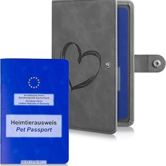 kwmobile Vaccination Certificate Cover for Animals - Protective Cover for EU Pet ID - Pet Vaccination Card Cover Faux Leather - Heart Brush, Heart Brush Grey, Leather