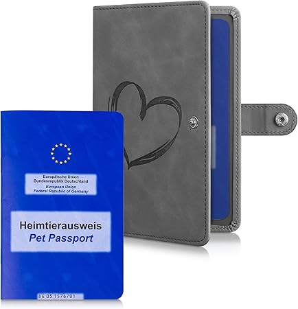 kwmobile Vaccination Certificate Cover for Animals - Protective Cover for EU Pet ID - Pet Vaccination Card Cover Faux Leather - Heart Brush, Heart Brush Grey, Leather