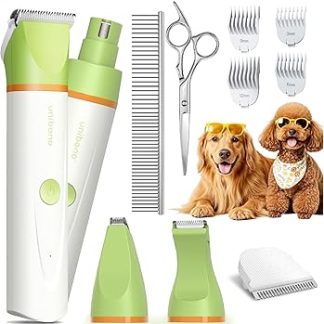 Unibono Quiet Dog Clipper, Cat Razor, Complete Set, Rechargeable Dog Cat Clipper with 4 Multifunctional Cutting Heads for Paws, Eyes, Ears, Face, Body, IPX7 Waterproof