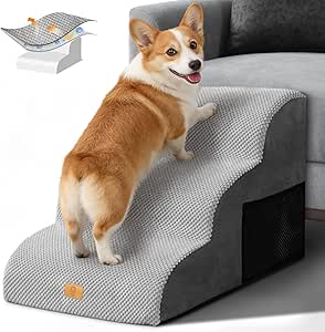 HEVOL 3-Step Dog Stairs, High-Quality Foam Dog Staircase for Small Dogs, Portable Pet Ramp, Cat Stairs with Washable Cover, for Sofa, Bed, Includes 1x Lint Roller