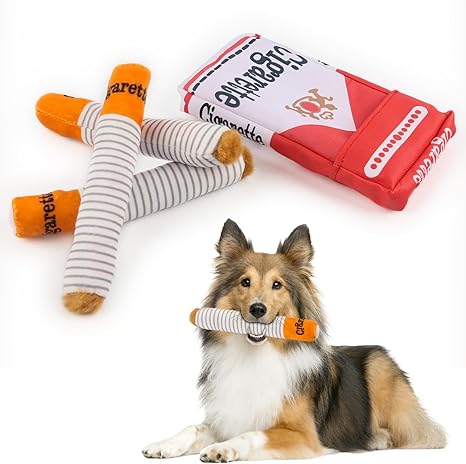 JWTRSVTY Cigarette Squeaky Toy, Plush Cigarettes Dog Toy with Box, Cigarette Dog Toy, Cigarette-Shaped Plush Dog Toy, 3 Cigarettes + 1 Box, for Small, Medium, Large Dogs