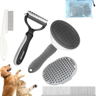 WOPQAEM Brush Set for Dogs and Cats, 5 Pieces, Self-Cleaning Brush, Undercoat Comb Removes Undercoat & Tangles, Dematting Comb, Flea Comb, Bath Glove - for Short and Long Hair (Grey)