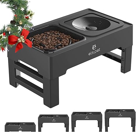 ELS PET Raised Dog Bowl: 2-in-1 Leak-Proof Foldable Water Bowl & Slow Food Bowl with 4 Height Adjustable Bowl Stand for Large Medium Small Dogs & Pets at Home