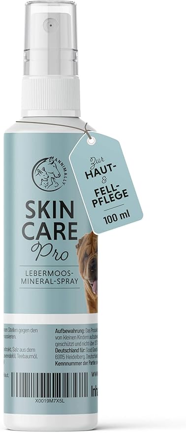 Annimally Animal Skin Care Spray Dry Skin for Dogs, Horses & Small Animals for Dry Skin I Spray with Liver Moss, Aloe Vera, Dead Sea Salt, Tea Tree Oil & Manuka Oil - 100% Natural