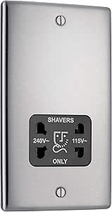 BG Electrical NBS20B-101 115 and 230 Volt Switched Shaver Socket Brushed Steel with Black Insert