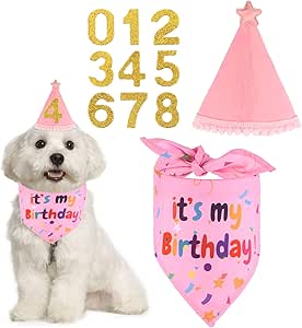 Pink Dog Birthday Hat Bandana Set with 8 Bling Numbers Dog Birthday Tie Ties Dog Neckerchief Bandana Accessory Set for Dog Birthday Party