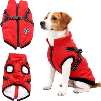 Dog Coat Winter with Harness, Warm Dog Jacket for Small Dogs, Waterproof, Reflective, Red M, Dog Coat for Small Dogs, Ideal Winter Coat Dog for Cold Days, Dog Jacket Waterproof