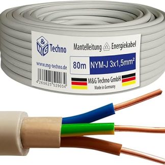 M&G Techno NYM-J 3 x 1.5 mm² Sheathed Cable, Wet Room Cable, Electric Cable, Copper, 80 m, Made in Germany