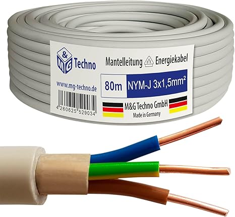 M&G Techno NYM-J 3 x 1.5 mm² Sheathed Cable, Wet Room Cable, Electric Cable, Copper, 80 m, Made in Germany