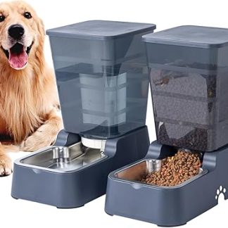 5L Automatic Gravity Feeder and Water Dispenser for Cats Dogs Automatic Cat and Water Dispenser Dog with Stainless Steel Bowl, Feeder x 1 + Water Dispenser x 1 (5 L Dark Grey Set)