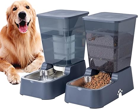 5L Automatic Gravity Feeder and Water Dispenser for Cats Dogs Automatic Cat and Water Dispenser Dog with Stainless Steel Bowl, Feeder x 1 + Water Dispenser x 1 (5 L Dark Grey Set)