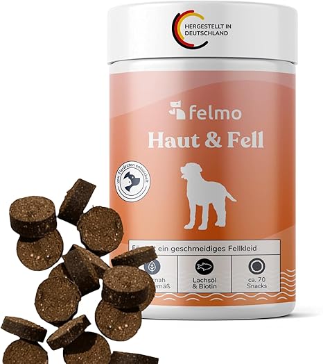 FELMO Skin & Fur Snacks for Dogs - To Promote Shiny Fur and Healthy Skin - With Salmon Oil, Omega-3 Fatty Acids, Brewer's Yeast and Biotin - Grain and Sugar Free