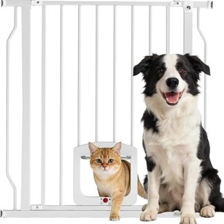 PawHut Stair Safety Gate Door Safety Gate with Cat Flap Barrier No Drilling 75-85 cm Steel Safety Gate for Dogs, Pets, Stairs, Door, White