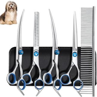 Diompirux Pack of 5 Professional Dog Scissors Set, Including 1 Thinning Scissors, 2 Curved, 1 Straight Scissors, 1 Grooming Comb, for Grooming Dogs, Cats, Pets, for Full Body, Face, Nose and Ear
