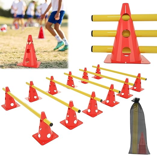 ACXIN 6-Piece Sports Hurdle Set, 12 Cones + 6 Bars, Agility Hurdles, Hurdles Set, Coordination Training for Children, Dogs, Team Sports, Football, Multifunctional Cone, Height: 32 cm, Pole: 100 cm