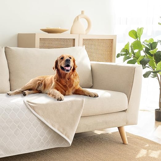 Amarrirose Waterproof Dog Blanket, 203 x 229 cm, Outdoor Dog Mat, Washable for Large Dogs, Fluffy Cat Blanket and Soft Double-Sided Sofa Cover Protection, Beige + Ivory White