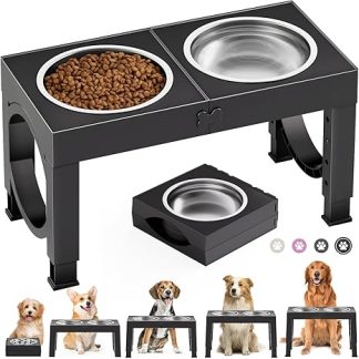 X XBEN Raised Dog Bowl, 5 Height Adjustable Feeding Bowl for Small Medium Large Dogs, Feeding Station 2 Large Thickened Stainless Steel Bowls, Non-Slip Dog Bowl, BPA Free Plastic