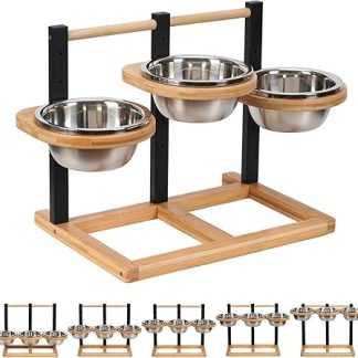 Optyuwah Raised Dog Bowl for Dogs, 5 Height Adjustable Dog Bowl with 3 x 1400 ml Stainless Steel Bowls and Wood Raised Dog Bowls Dog Bowl Stand Feeding Station Medium Large Dogs Feeding Bowl