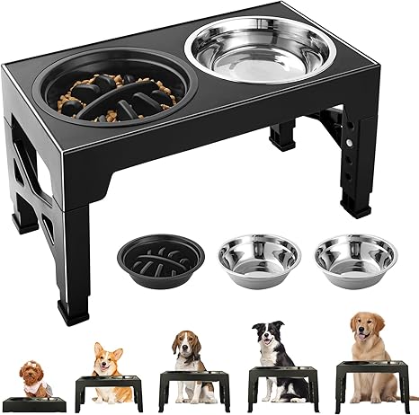 Raised Dog Bowl, Height-Adjustable Dog Bowl, Large Dogs, 2 x Stainless Steel Bowls (1200 ml) + 1 x Slow Feeder (800 ml), Non-Slip Feeding Station for Medium/Large Dogs, Black / Grey