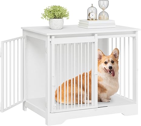 Hzuaneri DFC83613W Dog Cage Furniture, 81 cm Dog Box for Home, Sliding Doors, 2 Doors, Modern Wooden Indoor Dog Box for Small/Medium Dogs, Dog Cage for Home, 81 x 55 x 67.5 cm, White