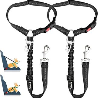 SlowTon Dog Car Seat Belt, 2-in-1 Headrest Restraint Seat Belt Dog Car with Universal Buckle and Adjustable Reflective Elastic Band for Hanging Seat Belts on Headrests