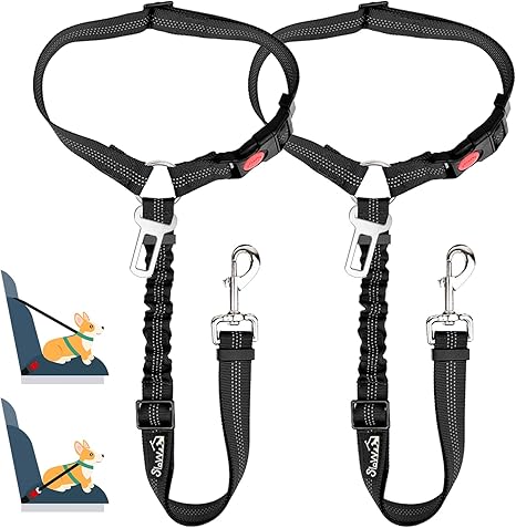 SlowTon Dog Car Seat Belt, 2-in-1 Headrest Restraint Seat Belt Dog Car with Universal Buckle and Adjustable Reflective Elastic Band for Hanging Seat Belts on Headrests