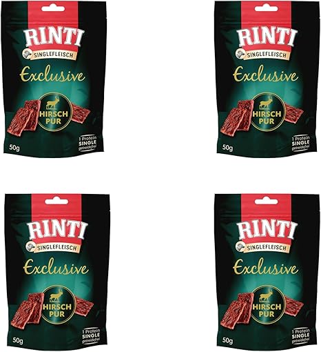 Rinti Singlefleisch Exclusive Snack Deer Pure | Pack of 4 | 4 x 50 g | Supplementary Feed for Adult Dogs | Only Deer for Sensitive Dogs for Allergies