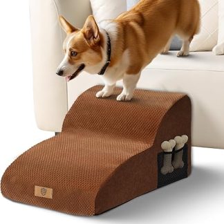 Eukue Dog Stairs, 2 Steps, Extended Dog Ramp for Small Dogs and Cats, High Density Foam Pet Stairs for Bed and Sofa, Portable Stairs for Dogs with Washable Cover (Brown)