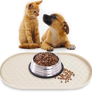 Bowl Mat for Dogs, Cats, Non-Slip Silicone Feeding Mat for Dog Bowl, Cat Bowl, 100% Waterproof Pet Food Mat with Raised Edges, Dishwasher Safe (Beige, M: 48 x 30 cm)