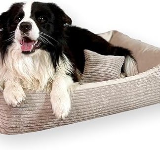 4L Textil OTTO Cuddly Corduroy Dog Bed for Medium-Sized Dogs, Dog Cushion, Fluffy Dog Basket, Corduroy Beige (100 x 80 cm, Stripes 04)