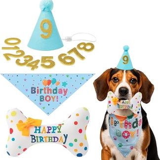 YEWCEP Pack of 4 Dog Birthday, Dog Cake Birthday Gift, Birthday Hat, 9 Bling Numbers, Bandana and Bone Shaped Flower Wreath, Dog Birthday Set for All Dogs