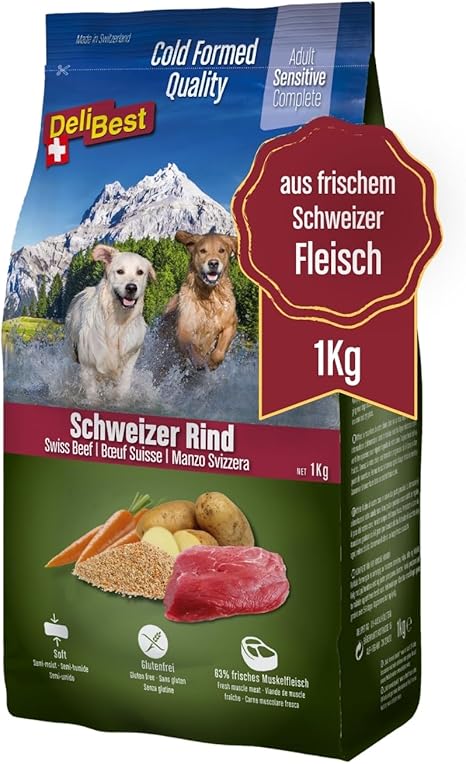 DeliBest Adult Sensitive Complete Dog Beef I Semi-Moist Food for Dogs Adult I Made from 100% Swiss Beef I Grain-Free & No Other Additives I Dog Food Cold Pressed I 1 kg