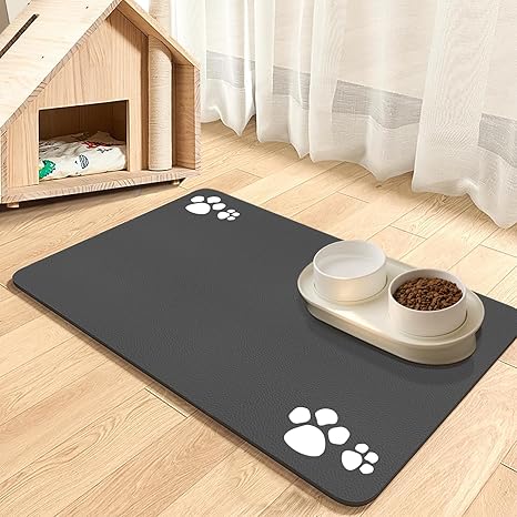 Dog Food Mat, Cat Food Mat, Dog Feeding Mat, Rubber Absorbent Dog Bowl Mat, Quick Drying Cat Eating Drinking Mat, Pet Mat for Dog Bowl (Dark Grey-4 Paws, 30 x 50 cm)