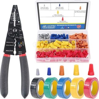 Glarks 8 Inch 10-22 AWG Multifunction Wire Stripper/Crimper/Cutter and 175 Pcs Twist Nuts Caps Electrical Wire Connectors Screw Terminals with 5 Pcs Electrical Tape Assortment Set