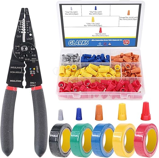 Glarks 8 Inch 10-22 AWG Multifunction Wire Stripper/Crimper/Cutter and 175 Pcs Twist Nuts Caps Electrical Wire Connectors Screw Terminals with 5 Pcs Electrical Tape Assortment Set