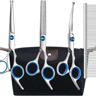 Dog Scissors, 5-in-1 Grooming Scissors for Dogs, 4CR Dog Scissors Set Professional with Round Safety Tip, Stainless Steel Cat Grooming Thinning Scissors, Thinning, Straight Scissors, Curved Scissors