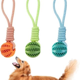 GmwyCzV Pack of 3 Dog Toys, 5 cm Dog Toy Ball with Rope, Natural Rubber Ball, Interactive Dog Ball Toy, Chew Toy for Small, Medium, Large Dogs for Dental Care (Blue, Orange, Green)