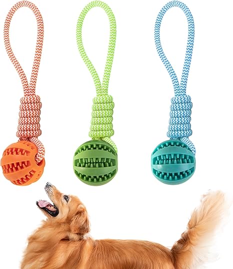 GmwyCzV Pack of 3 Dog Toys, 5 cm Dog Toy Ball with Rope, Natural Rubber Ball, Interactive Dog Ball Toy, Chew Toy for Small, Medium, Large Dogs for Dental Care (Blue, Orange, Green)