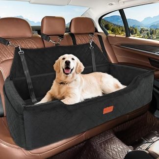 HEGGCOOE Dog Car Seat for Large Dogs Under 100 lbs, Washable Dog Seat Car for 2 Medium, Removable Car Seat Dog with 2 Safety Leads, Dog Bed Car Rear Seat Black