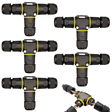 GOEDCH Waterproof Cable Connector: Pack of 5 IP68 Cable Connectors Waterproof 3-Pin T-shape Junction Box Clamp Box for Diameter 3-12 mm Cable Diameter, Connection Sleeve for Garden, Roof, Outdoor Use