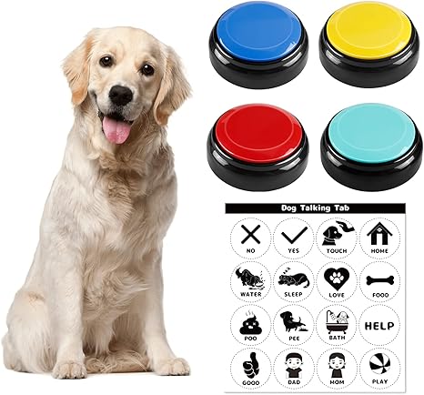 BEAN LIEVE Dog Buttons for Talking, Dog Buzzer with Recording Function, Dog Toy Intelligence, Dog Button for Communication, 20 Seconds Voice Recording Button, Multicoloured, Set of 4