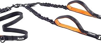Floxik Double Lead Complete Set, Large, Flexible, Reflective Premium Dog Lead for Two Dogs for Coupling with Short Holder, Black