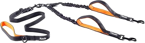 Floxik Double Lead Complete Set, Large, Flexible, Reflective Premium Dog Lead for Two Dogs for Coupling with Short Holder, Black