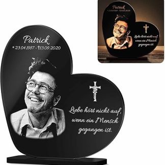Memorial Picture Memorial Plaque with Engraving Photo Engraving Gravestone Human Heart Standing in 2 Sizes Grave Decoration Engraved for Pets such as Dog Cat etc. Grave Plate in Candlelight Luminous