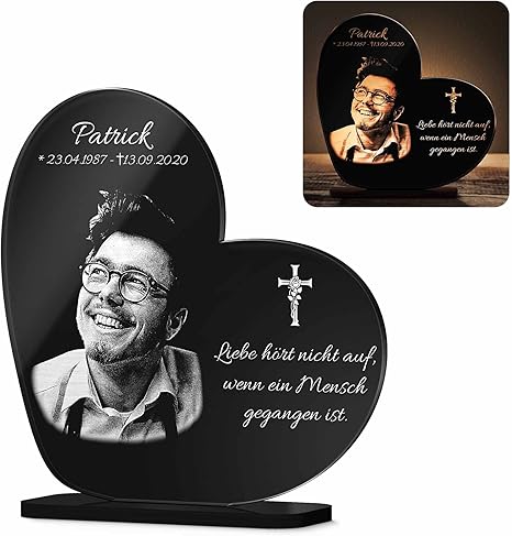Memorial Picture Memorial Plaque with Engraving Photo Engraving Gravestone Human Heart Standing in 2 Sizes Grave Decoration Engraved for Pets such as Dog Cat etc. Grave Plate in Candlelight Luminous