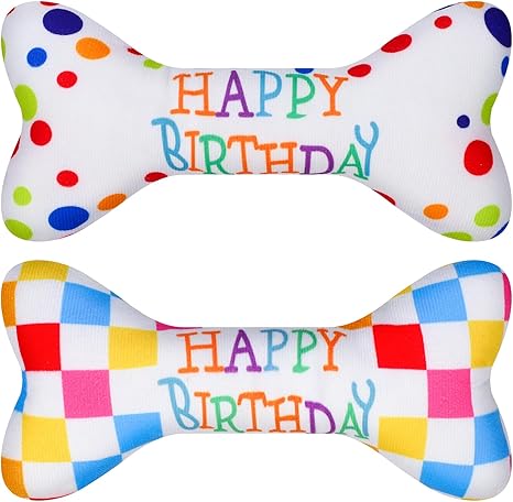 Partideal Pack of 2 Dog Birthday, Pet Dog Birthday Bone Toy Plush Dog Toy Birthday Cartilage Toy for Small and Medium Dogs